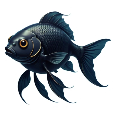 Cinematic Noble Black Goldfish Portrait Emoji, Poised and regal, with a sleek, streamlined build and a lustrous, deep black body, deep-set soulful golden eyes, Simplified yet sharp and sophisticated features, highly detailed, glowing with a soft, dignified glow, high shine, intelligent and graceful, stylized with an air of aquatic elegance, focused and attentive, soft glowing outline, capturing the essence of a watchful and confident aquatic companion, so majestic it feels as though it could glide out of the screen with effortless authority! sticker
