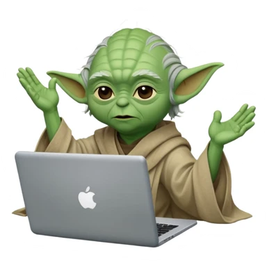 Yoda behind a laptop with his arm in the air. sticker