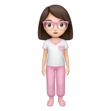 Girl with dark brown hair, light skin, brown eyes, wearing a miu miu glasses the brown ones, and wearing a top in white with a pair of pyjama pants in pink and a slipper in white  sticker