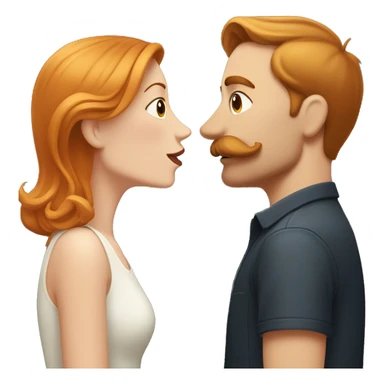 Shorter Redhead woman kissing taller blondish hair man with a mustache sticker