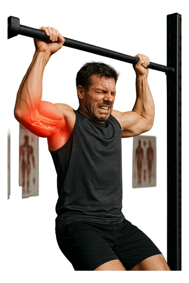 a man in gym attire is performing a pull-up on a bar when his face suddenly contorts in pain. His elbow is highlighted with a bright red glow, and a semi-transparent overlay reveals a visible tear or injury in the joint structures (such as ligaments or tendons). The background is a modern gym, with anatomical posters and equipment. sticker