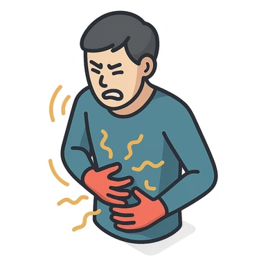 A half-body figure holding their stomach, writhing in pain with waves of pain around them, in 2d-isometric style with shadows and highlights. Focus on torso, stomach, arms, and expression of pain. Variant similar to the second in the previous series but with different arm positions and varying intensity of pain waves. Transparent background. sticker