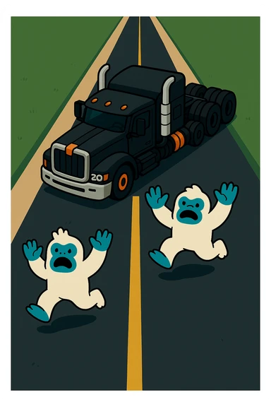 Place the small abominable snowman clearly on a long road in front of the black 2026 Kenworth W680 flat top semi sleeper, top-down vibrant toon style, no text, make the road much longer. sticker