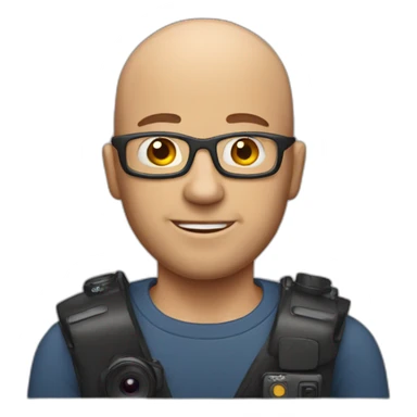 A bald man with Vloging camera sticker