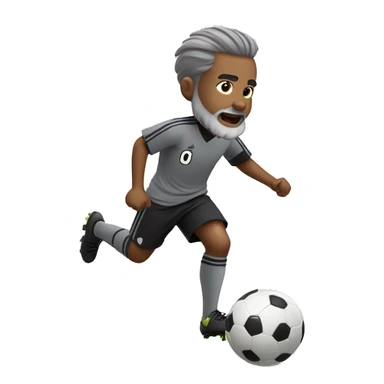 small boy in gray soccer uniform and black shorts with gray beard  and hair kicking a soccer ball sticker