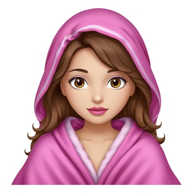 girl with long wavy brown hair, brown eyes, long lashes makeup, sexy pink lips, light to medium complexion, wearing a pink sexy silk top, big blanket over the head cozy holding a cat, remove the cat ears on the hood sticker