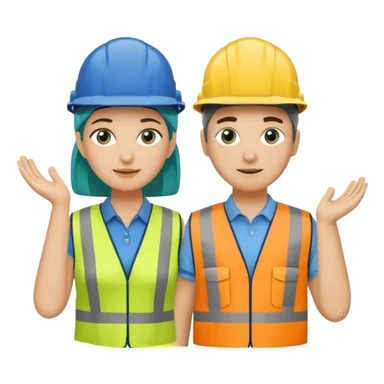 Um homem e uma mulher amarelos com capacete de obras ambos azul escuro e camisa social cinza com faixas refletivas verdes nos braços, Um deles deve estar segurando um megafone de avisos sticker