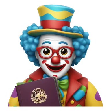 Clown holds a passport sticker