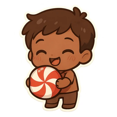 chibi style brown male holding a peppermint candy, cheerful expression, kawaii look sticker