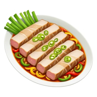 Twice Cooked Pork slices with leek and peppers, simplified emoji style with bold outlines and bright colors, cartoon style Hui Guo Rou Sichuan specialty sticker