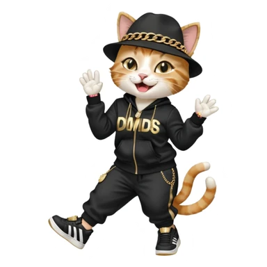 female cat dressed like Run DMC with tracksuit, fedora, Adidas shoes, lots of gold chains, rings, bracelets, earrings, laughing, looking up, no sunglasses sticker
