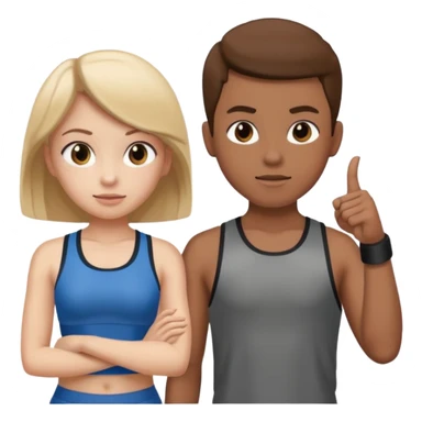 Girl and boy in gym clothes who points out sticker