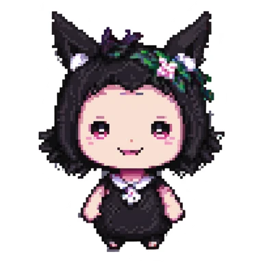 Kuromi character, pixel art style, mischievous expression, simple background sticker