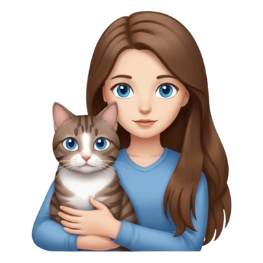 White girl with blue eyes and long brown hair, holding gray tabby cat sticker