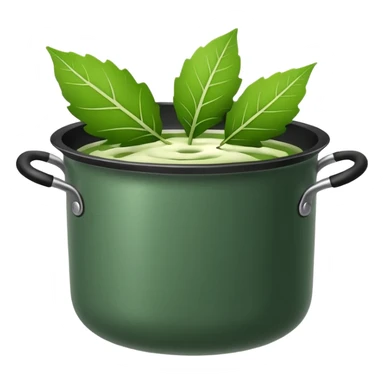 Minimalistic flat vector icon, iOS style, thin black contour on white background. Leaf inside a cooking pot. Clean, no text, no shadows.
 sticker