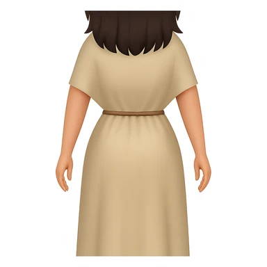 Create a back view, fullbody emoji style character with the same style and proportions as the reference image. The character should wear a plain light tan dress, have dark hair, arms by sides, and a transparent background. sticker