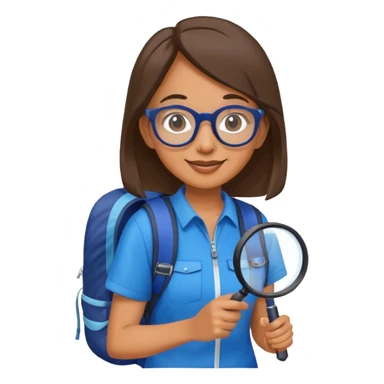 Happy woman hiker with glasses in vibrant dark blue and white outfit, backpack, holding magnifying glass sticker