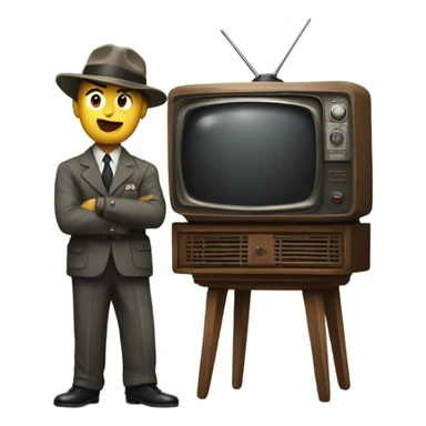 detectives standing in anticipation behind a vintage TV set sticker