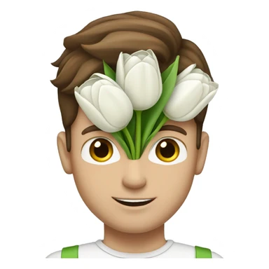 man with brown hair and green eyes holding a bouquet of white tulips sticker
