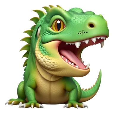 Cinematic Realistic Cute Yawning Iguana Portrait Emoji, Head tilted slightly with a dramatic, wide-open yawn, showcasing a soft, textured green-scaled face with gently drooping features and half-closed, drowsy amber eyes, rendered with natural detail and subtle shadows, high shine, relaxed yet expressive, styled with a dash of tropical charm, soft glowing outline, capturing the essence of a sleepy yet affectionate iguana that appears ready to stretch out and enjoy a peaceful nap! sticker