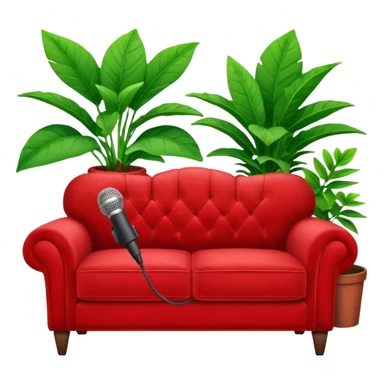 front view of a red velvet couch with a mic in front and a houseplant in the background sticker