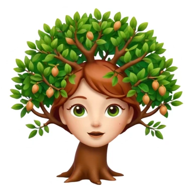 Style memoji iphone. Un petit sapin vert sylvestre, féminin, regard malicieux, tâches de rousseurs délicates, joues roses. Yeux de biche brillants en forme amande, yeux couleur ambre, tronc couleur acajou. Sapin en mouvement, incurvé pour un effet vivant. sticker