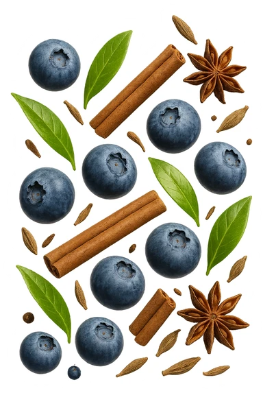 mirtilli, thè verde, spezie, fluttuano in aria, iperrealistico 4k sticker