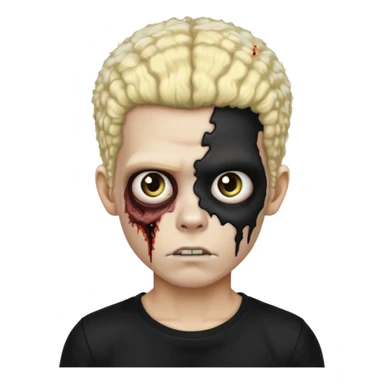 zombie boy with split blonde and black afro, black shirt sticker