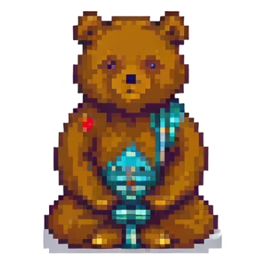 pixel art meditative bear, retro style, warm muted colors, subtle grain, nostalgic aesthetic sticker