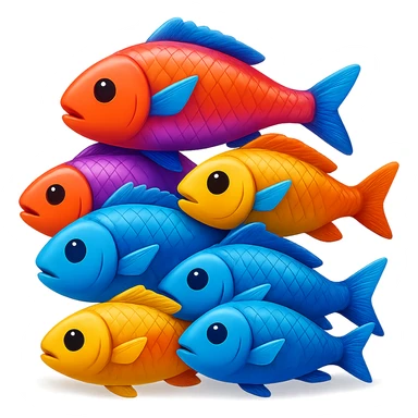 A pile of fish arranged in a pyramid formation with a shadow underneath, in the style of apple emojis, with no background, crisp emoji style with subtle shadow. sticker