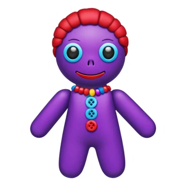 A colorful voodoo doll with bright fabrics in purple, red, and blue, with decorative buttons and pins sticking out sticker