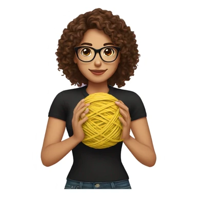 pretty Hispanic woman with long brown curly hair holding one ball of yarn with both arms wearing a black shirt and black glasses sticker