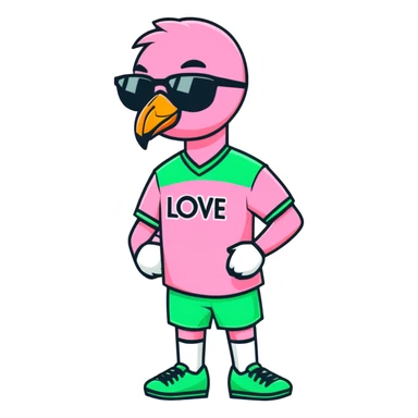 flamingo soccer player wearing sunglasses and a black and green jersey sticker