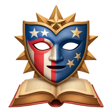 Ancient leatherbound book with prominent Puerto Rican flag star in center of cover, wooden theater masks and curtains framing the edges, warm amber glow emanating from pages, vintage textured parchment sticker