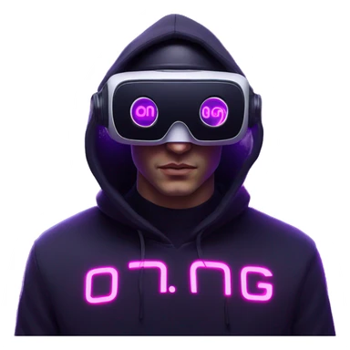 Russian man wearing a black hoodie with "OMG" letters on it and VR headset in a cyberpunk VR environment with violet neon lighting. sticker