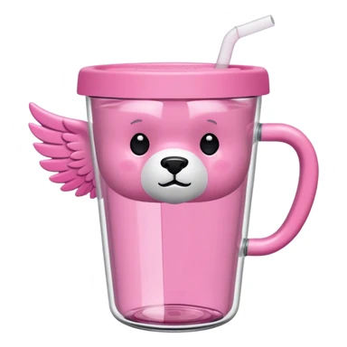 pink tumbler cup with handle, 34oz, with clear straw that has a bear symbol with wings and says stanley sticker