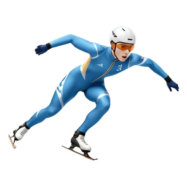 An icon showing a speed skater in a dynamic pose racing on a professional ice track, dressed in an aerodynamic suit. The scene includes a stadium with cheering crowds, icy reflections, and a snowy mountain backdrop. Transparent background captures the speed and intensity of the sport. sticker