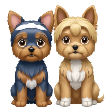 Generate a blue and tan purebred yorkie with a blonde shi tzu yorkie mix with floppy ears sitting next to each other. Make them the same soze sticker