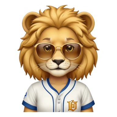head and shoulders close-crop of a confident female lion wearing a baseball shirt and dark sunglasses sticker