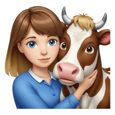 Woman with brown hair and blonde highlights, bangs in front, blue eyes, hugging a cow sticker