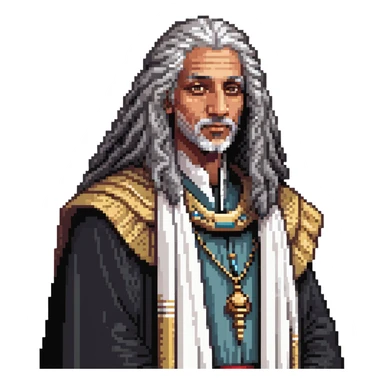profile portrait of an Egyptian historian with long curly grey hair, wearing an Egyptian cloak, large aquiline nose sticker