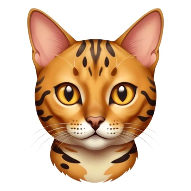 Cinematic Bengal Cat Portrait Emoji, Elegant and striking, sleek spotted brown and gold tones, Simplified yet sharp features, highly detailed, glowing with a warm, confident glow, high shine, playful and curious, stylized with an air of grace, focused and attentive, soft glowing outline, capturing the essence of agility and confidence, so lifelike it feels as though it could spring into motion at any moment! sticker