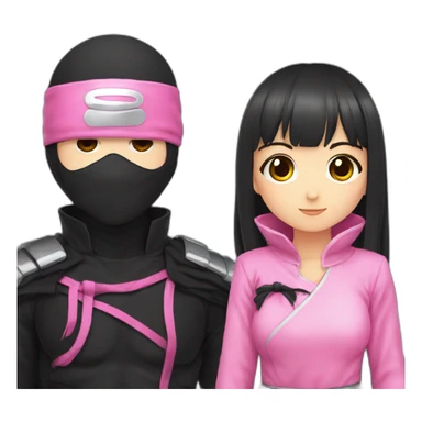 cute anime girl with pink ninja clothing along side a man ninja with black clothing and holding hands sticker