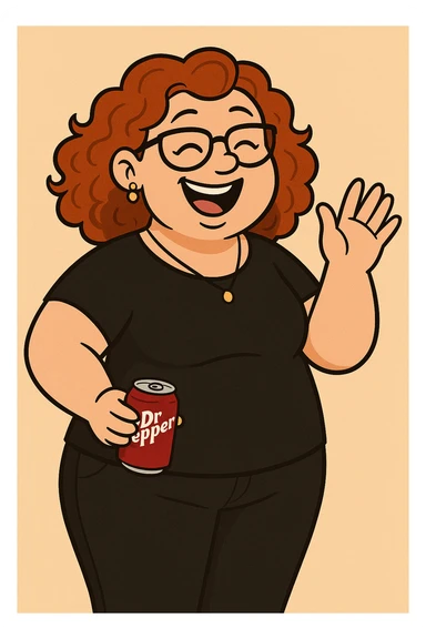 Add jewelry including earrings and a necklace, dress her in black clothes, and put a Dr Pepper soda in her hand. Keep her fun and approachable in the style of the original image. sticker