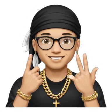 lightskin man with a black durag,a cuban link chain,glasses, and smiling flexing grills with crossed arms but with one arm up and pinky finger touching grills  sticker