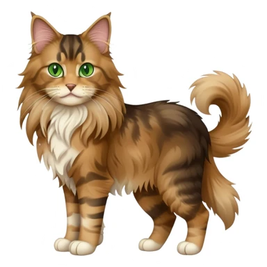 A light brown and black long haired Maine coon cat with green eyes with a chibi full body sticker