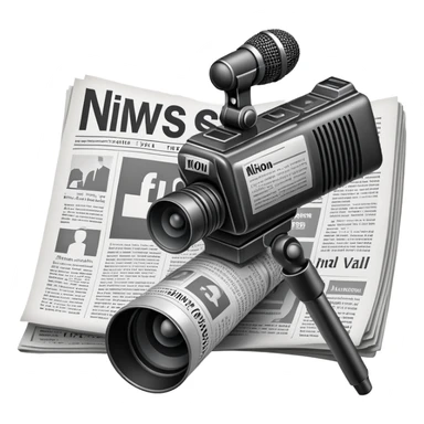 An icon featuring a microphone, a newspaper, a professional camera Nikon D5, representing journalism and mass media. The design includes headlines and imagery, symbolizing the spread of news and information. Transparent background highlights the power of communication and media. sticker