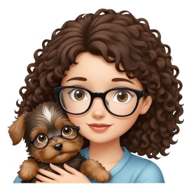 Brunette girl with glasses and curly hair embracing a yorkshire terrier puppy sticker