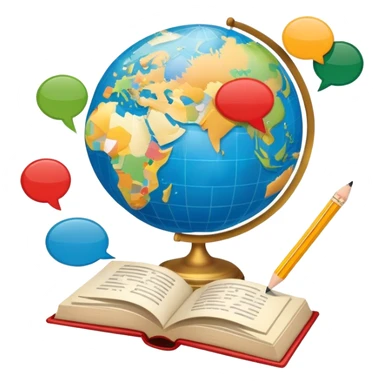 An icon featuring a globe with speech bubbles in different languages, symbolizing the study of foreign languages. The design includes a book and a pencil, representing learning and communication across cultures. Transparent background highlights the global nature of language education. sticker