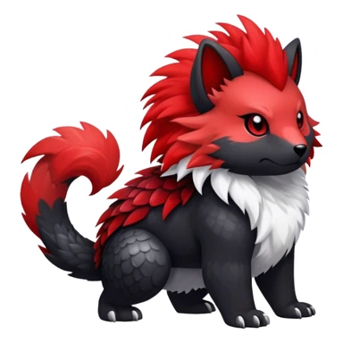 Cute cool black red animal hybrid Fakemon full body, detailed, fluffy, scaly, edgy sticker